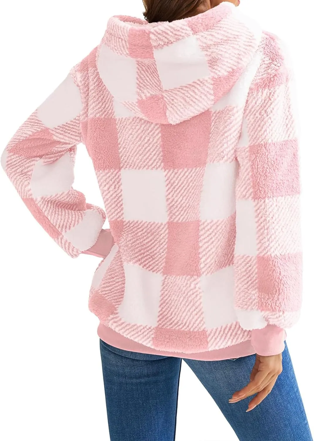 ZWRXW Womens Oversized Sherpa Hoodies Drawstring Fuzzy Fleece Hoodie Sweatshirts Fluffy Buffalo Plaid Outerwear with Pockets