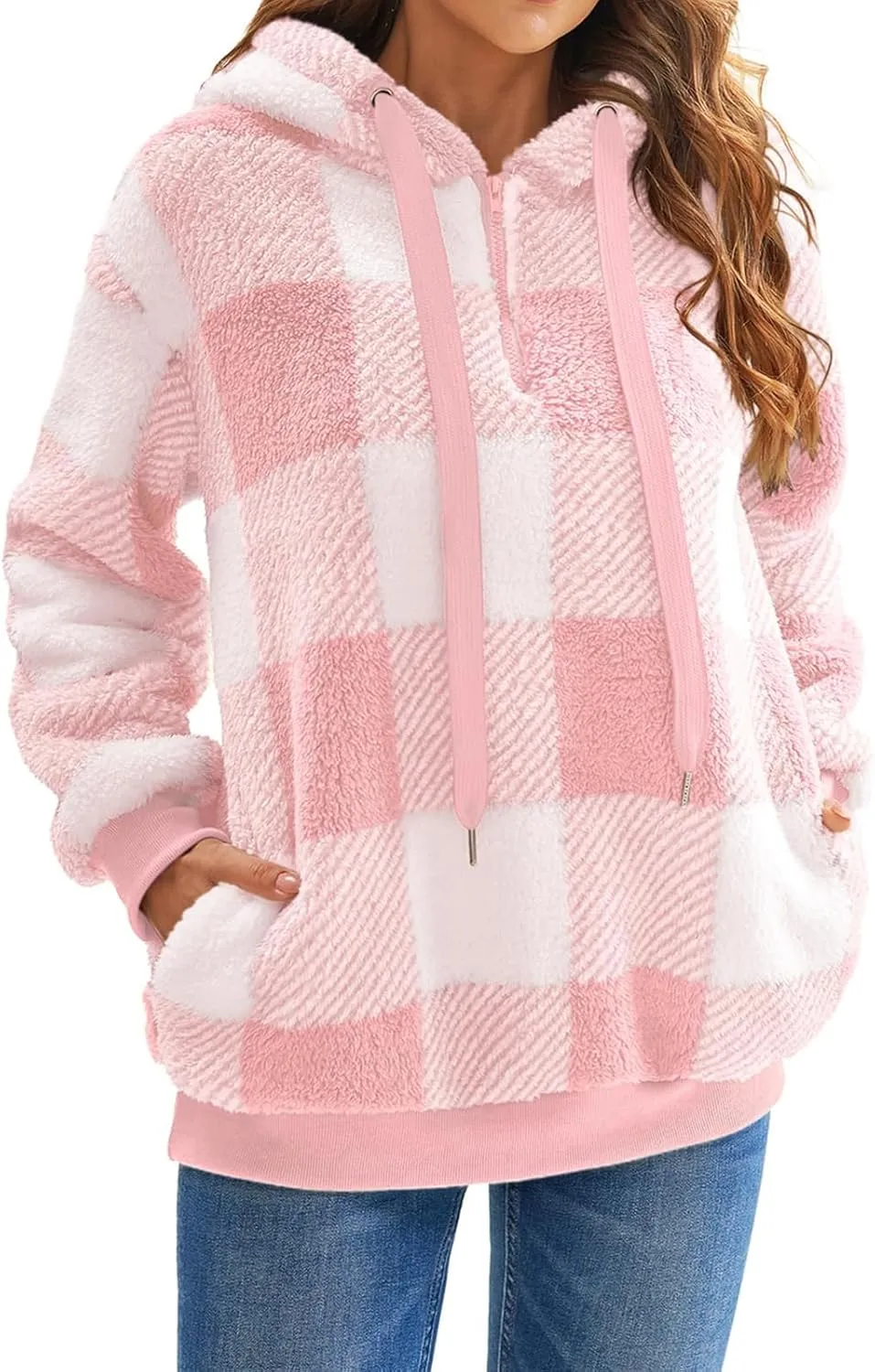ZWRXW Womens Oversized Sherpa Hoodies Drawstring Fuzzy Fleece Hoodie Sweatshirts Fluffy Buffalo Plaid Outerwear with Pockets