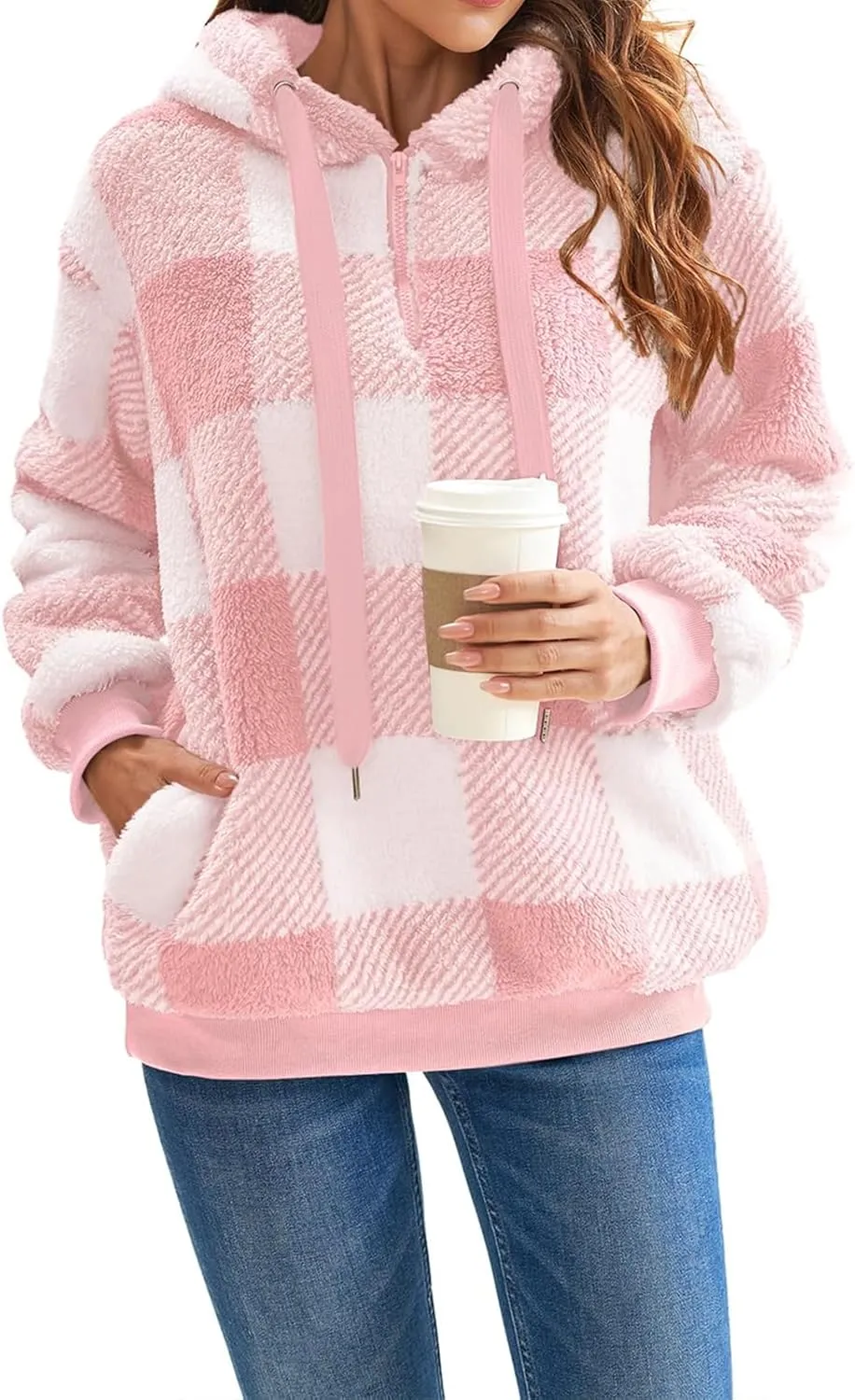 ZWRXW Womens Oversized Sherpa Hoodies Drawstring Fuzzy Fleece Hoodie Sweatshirts Fluffy Buffalo Plaid Outerwear with Pockets